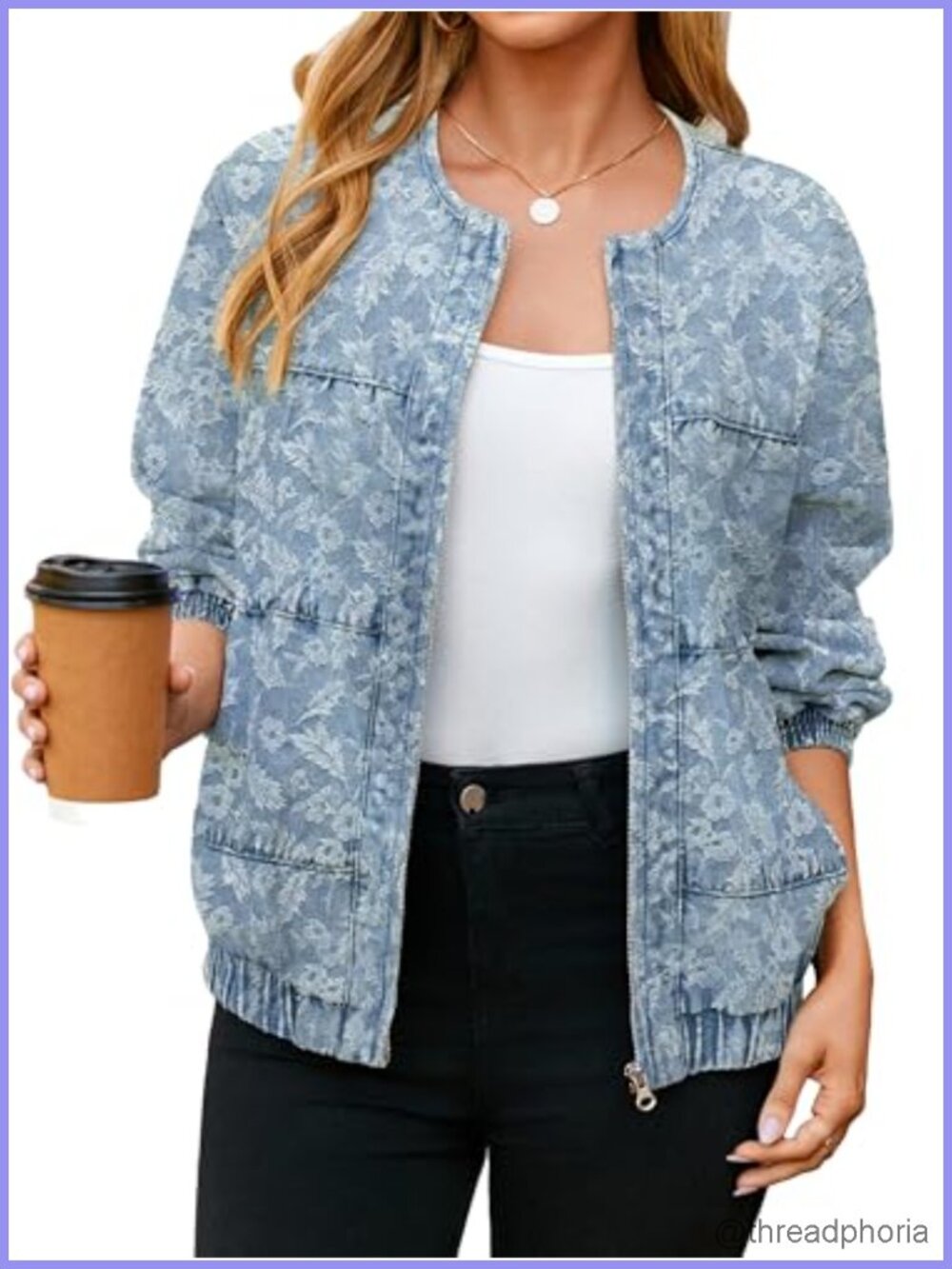 Womens Denim Bomber Jacket Zip Up Crew Neck Loose Fit Midi Jean Jacket